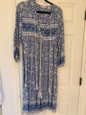 Boho Floral Tie-Front Midi Dress in Blue